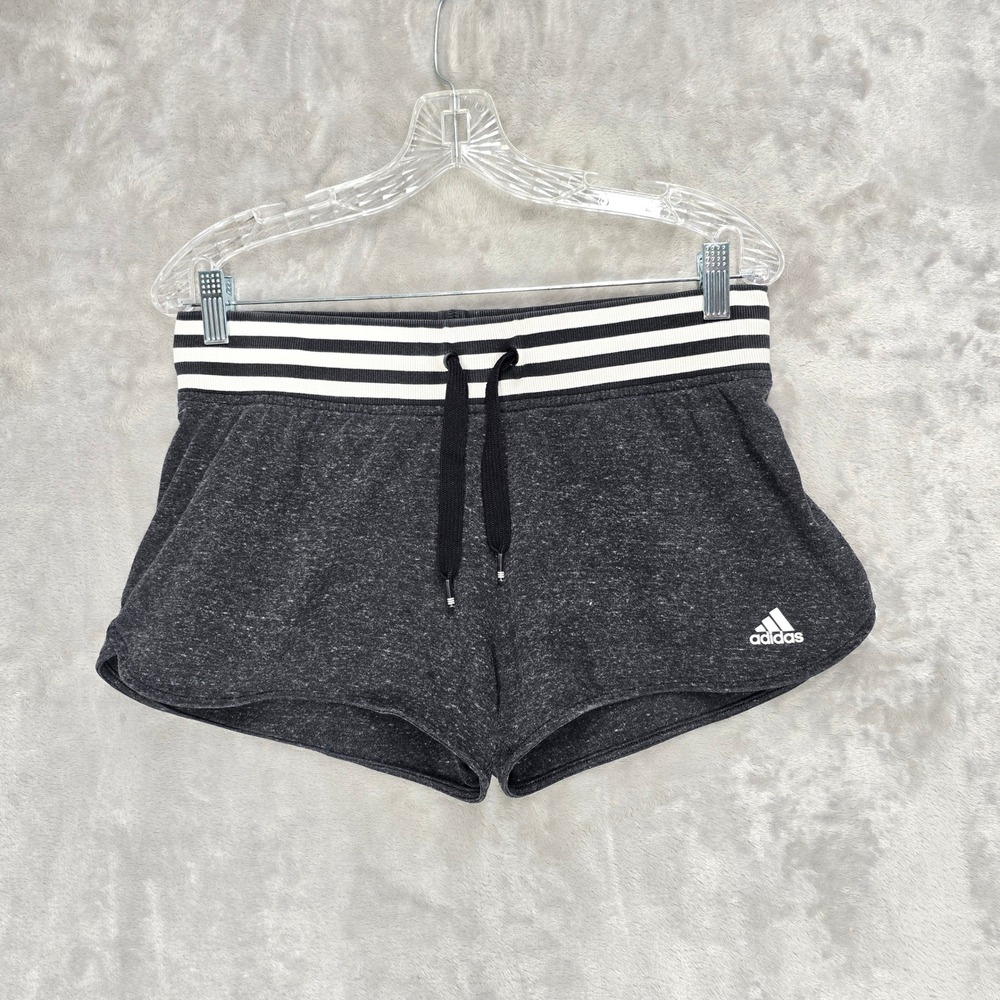 Adidas Women Gray‎ Heathered Athletic Mini Shorts Stripe Sz M Lounge Gym Comfort